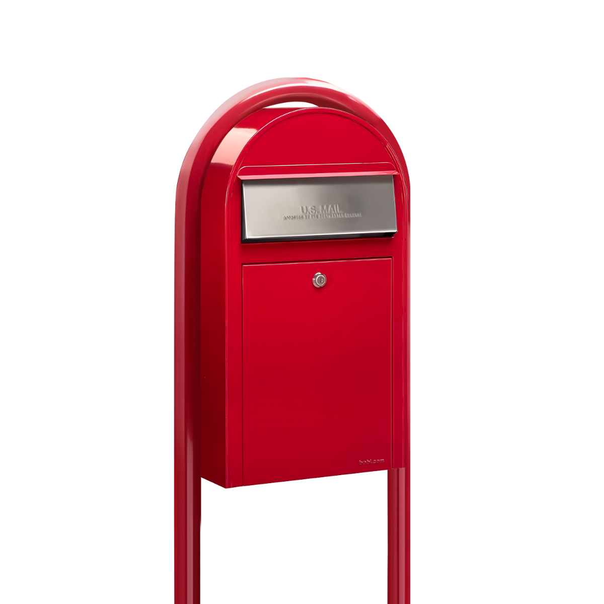 USPS Approved Bobi Grande Slim Front Access Modern Locking Red Mailbox with  Stainless Steel Mail Slot and Round Red Post Combo