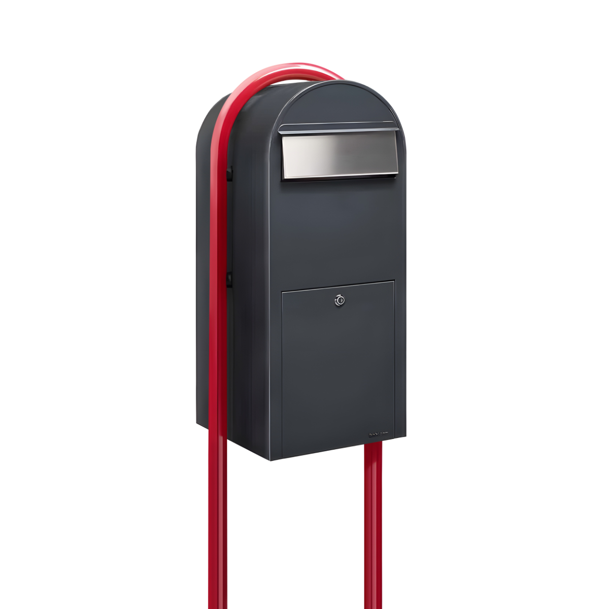 Bobi Jumbo Front Access Package Grey Mailbox with Stainless Steel Mail Slot and Round Red Post Combo