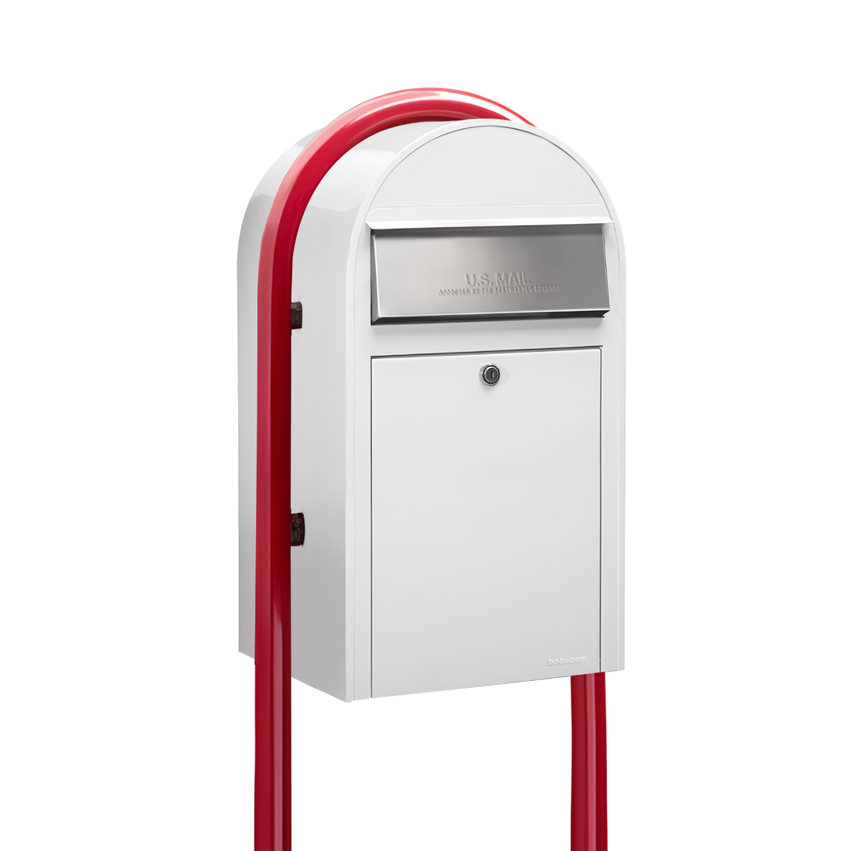 Bobi Grande Front Access White Mailbox with Stainless Steel Mail Slot and Round Red Post Combo