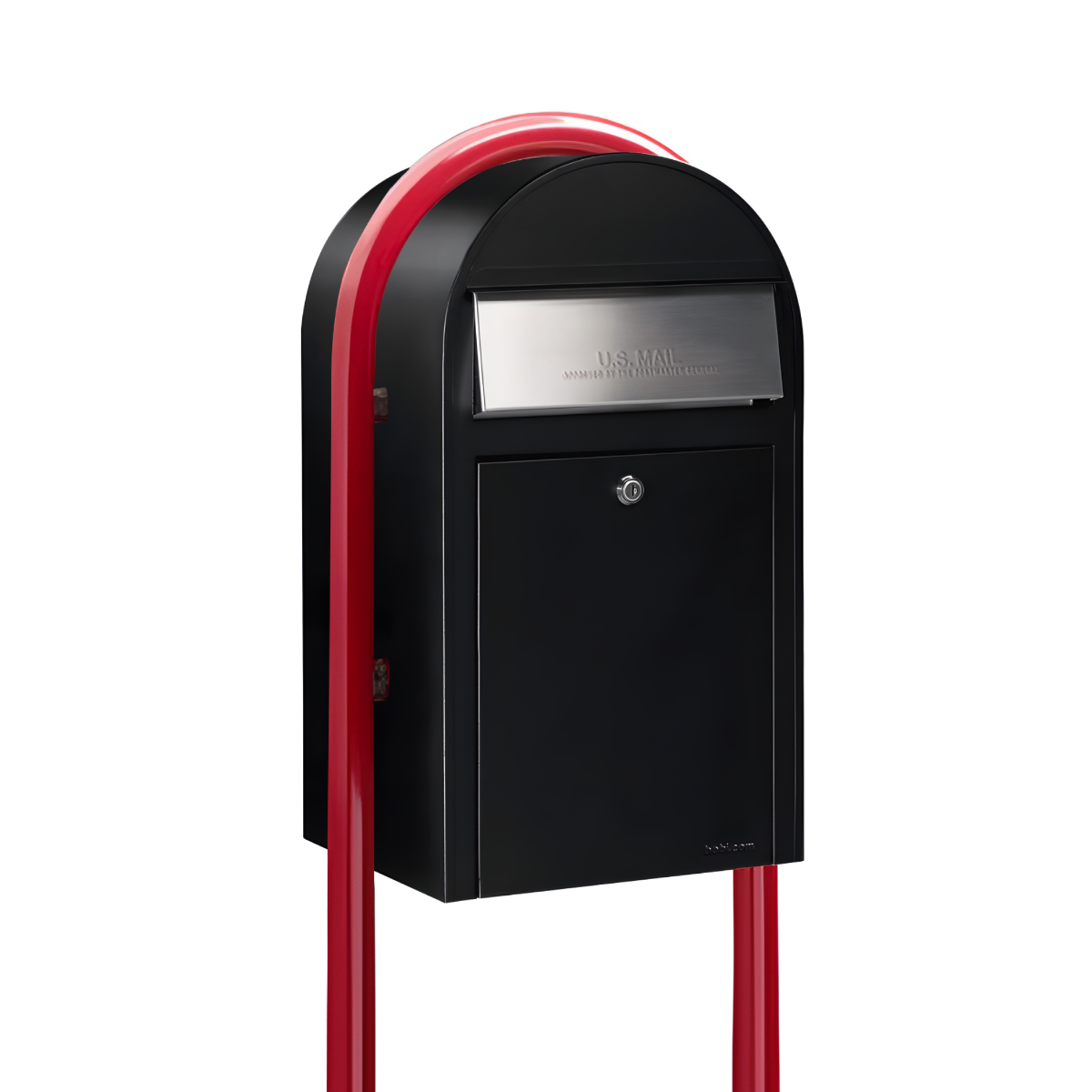 Bobi Grande Front Access Black Mailbox with Stainless Steel Mail Slot and Round Red Post Combo