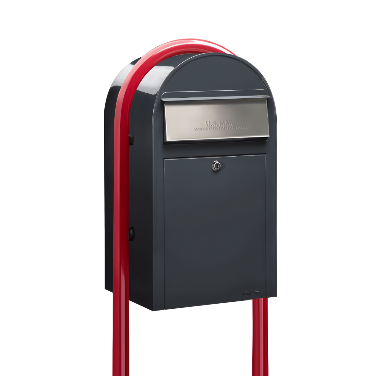 Bobi Grande Front Access Grey Mailbox with Stainless Steel Mail Slot and Round Red Post Combo