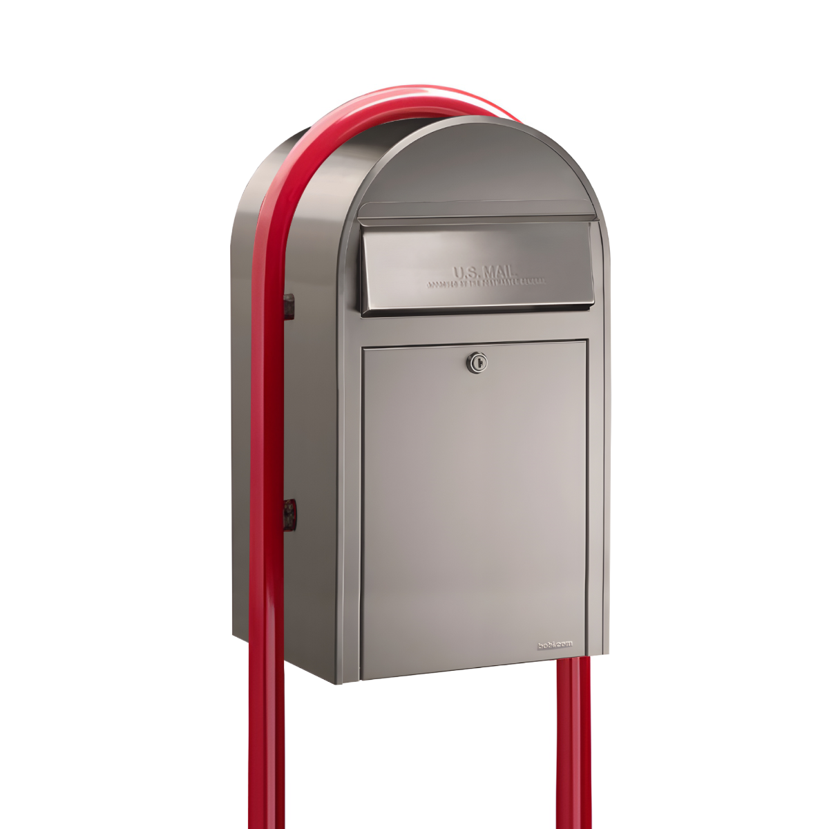 USPS Approved Bobi Grande Front Access Modern Locking Stainless Steel Mailbox with Round Red Post Combo