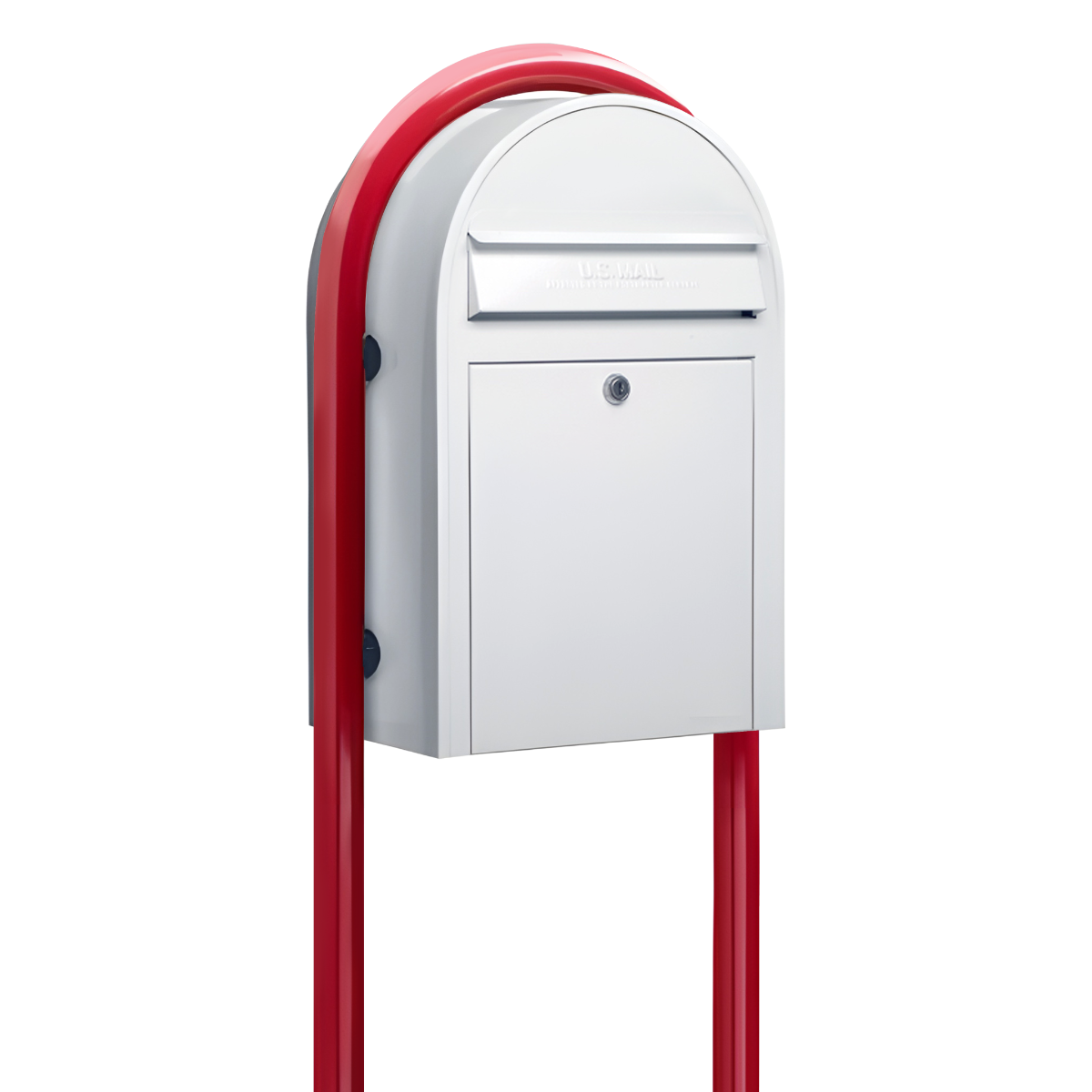 USPS Approved Bobi Classic Front Access Modern Locking White Mailbox and Round Red Post Combo