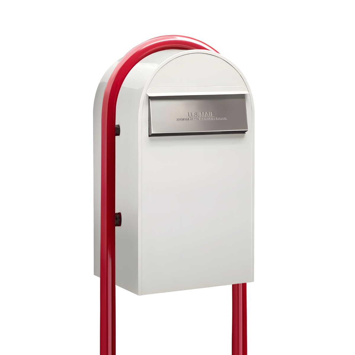USPS Approved Bobi Grande B Rear Access Modern Locking White Mailbox with Round Red Post Combo Stainless Steel Mail Slot – Secure Small Parcel Delivery