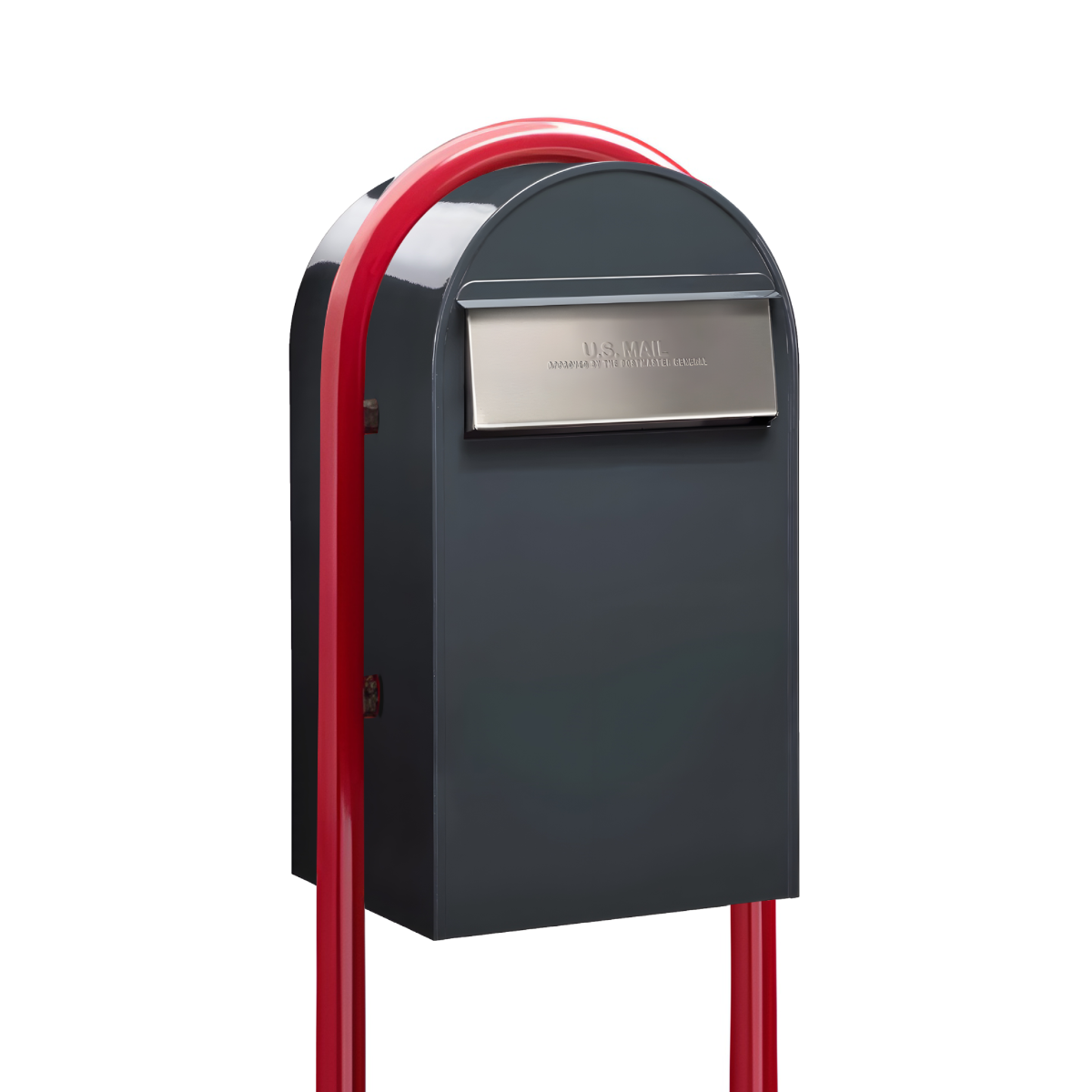 USPS Approved Bobi Grande B Rear Access Modern Locking Grey Mailbox with Round Red Post Combo - Stainless Steel Mail Slot –  Secure Small Parcel Delivery