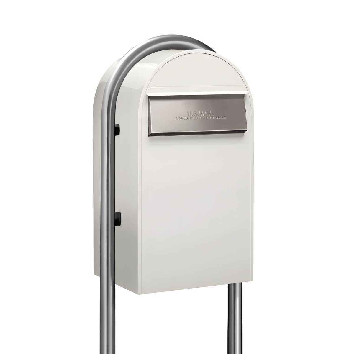 USPS Approved Bobi Grande B Rear Access Modern Locking White Mailbox with Round Stainless Steel Post Combo - Secure Small Parcel Delivery
