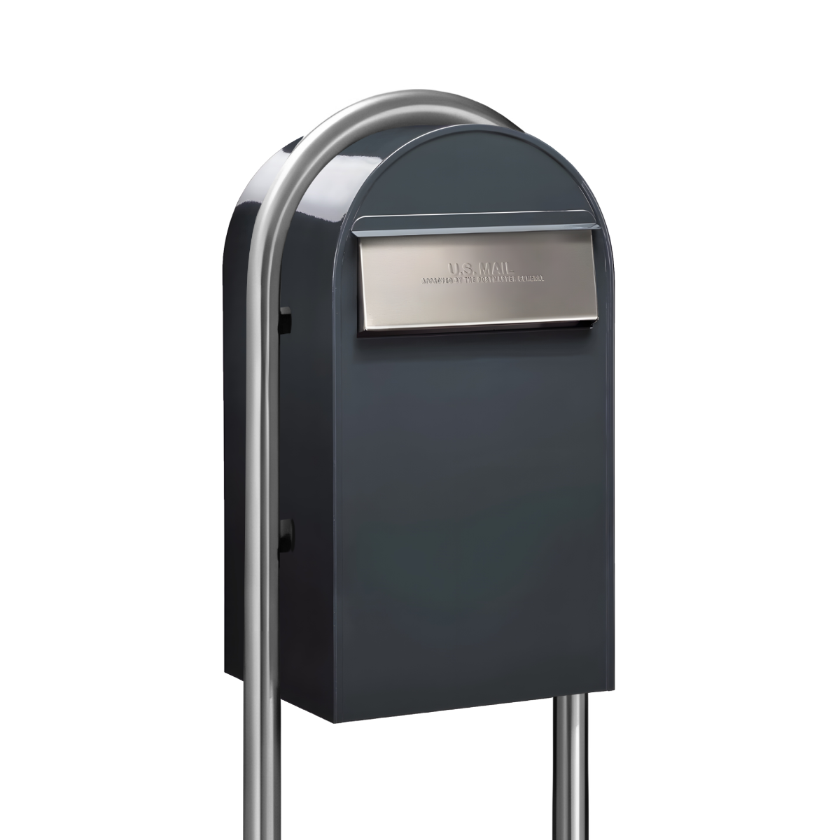 USPS Approved Bobi Grande B Rear Access Modern Locking Grey Mailbox with Round Stainless Steel Post Combo - Secure Small Parcel Delivery
