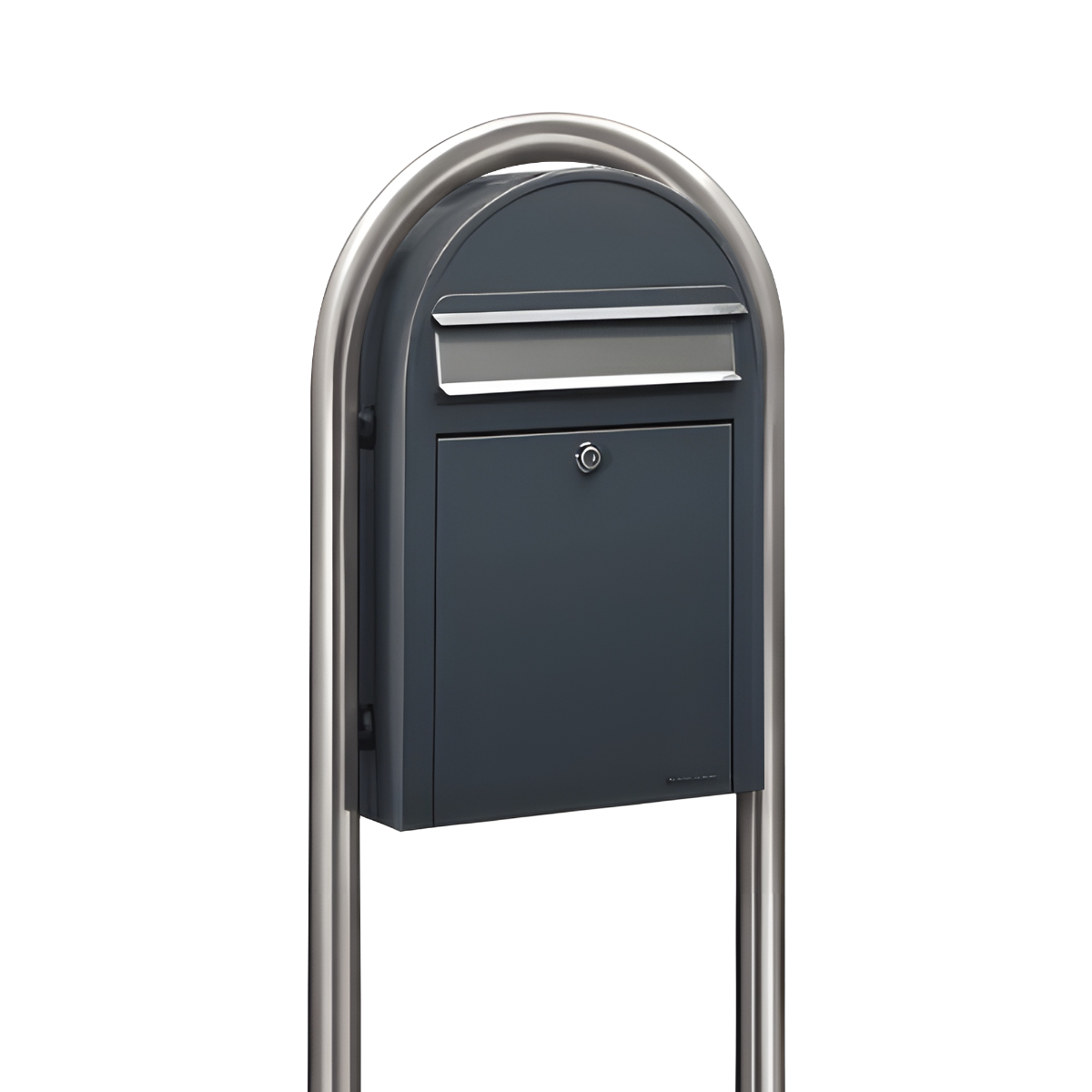 Bobi Classic Slim Front Access Modern Locking Grey Mailbox and Round Stainless Steel Post Combo