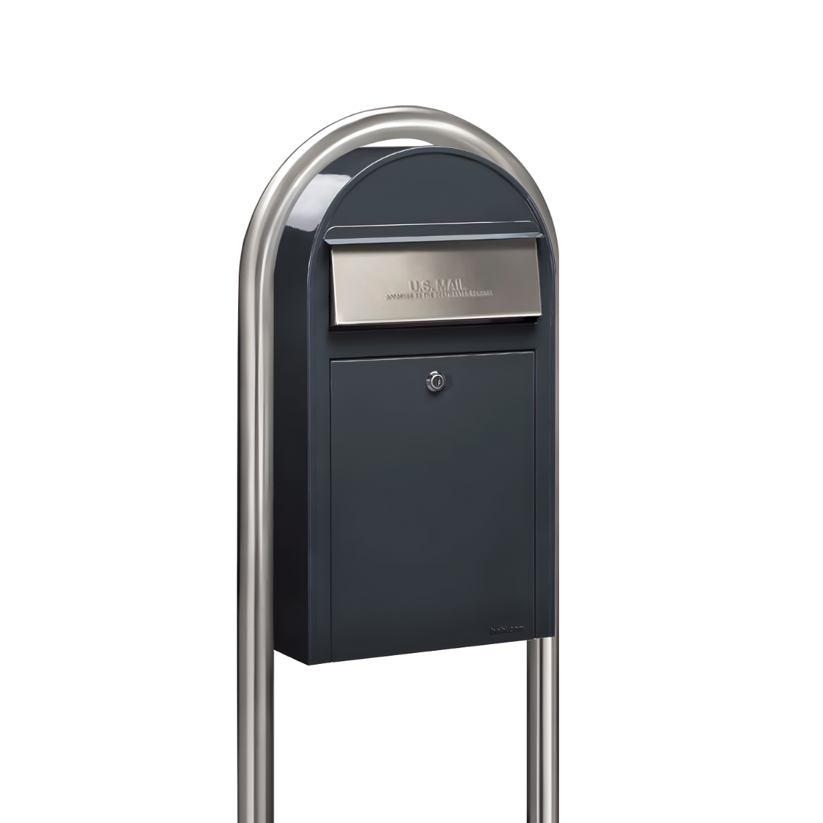 USPS Approved Bobi Grande Slim Front Access Modern Locking Grey Mailbox with Round Stainless Steel Post Combo