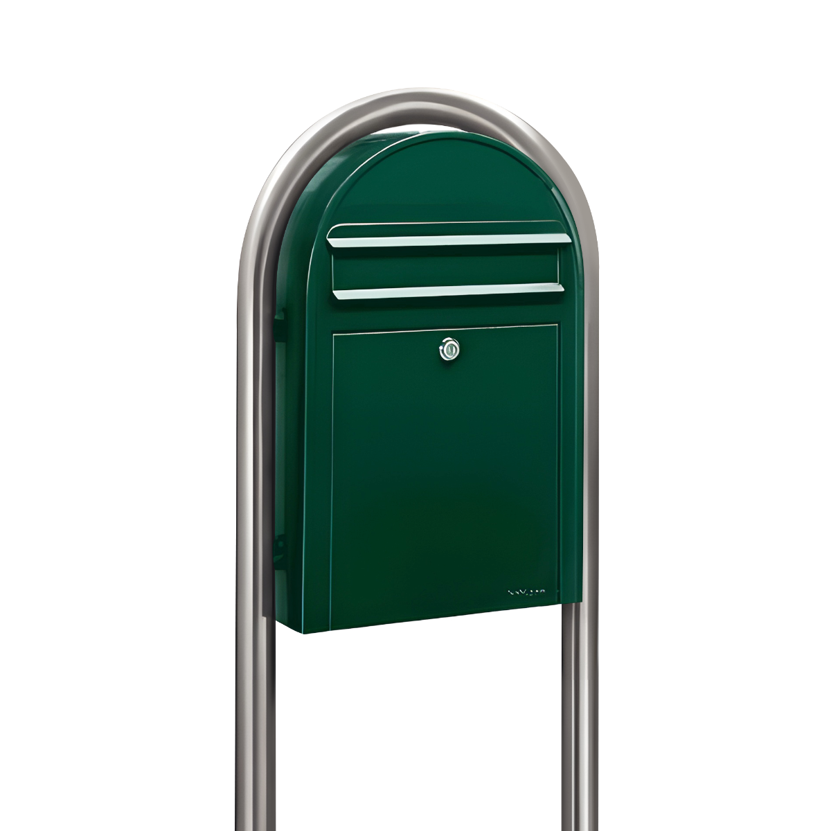 Bobi Classic Slim Front Access Modern Locking Green Mailbox and Round Stainless Steel Post Combo
