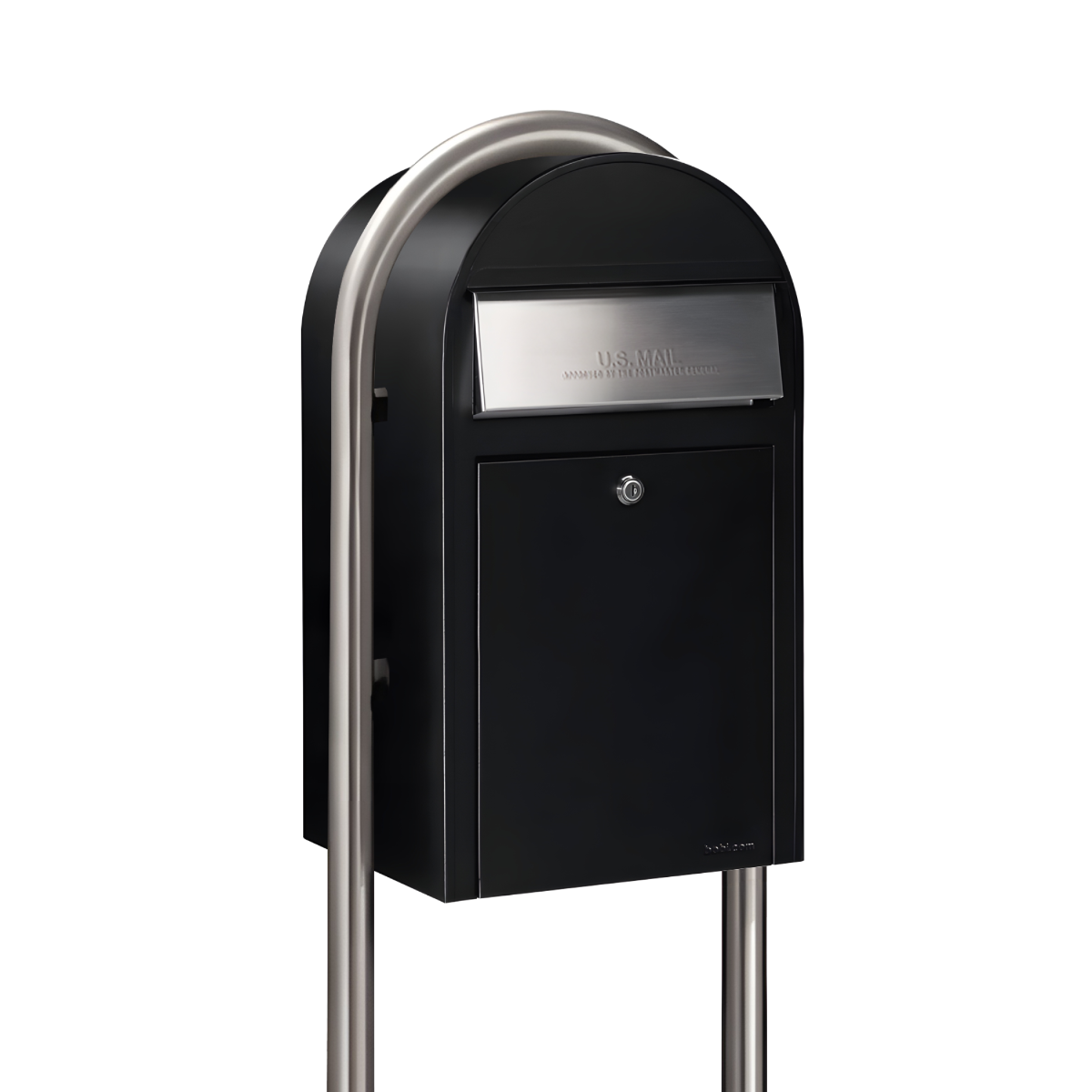 USPS Approved Bobi Grande Front Access Modern Locking Black Mailbox with Round Stainless Steel Post Combo 