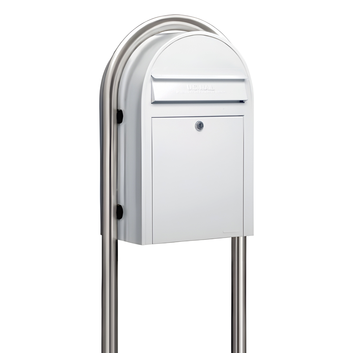 USPS Approved Bobi Classic Front Access Modern Locking White Mailbox and Round Stainless Steel Post Combo