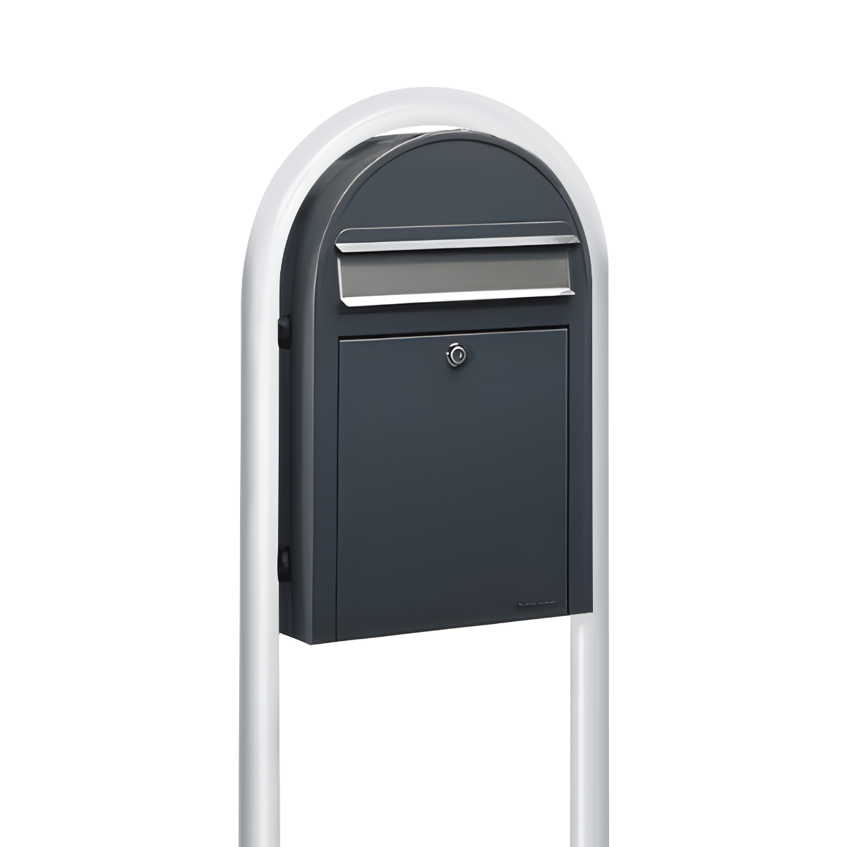 Bobi Classic Slim Front Access Modern Locking Grey Mailbox with Stainless Steel Mail Slot and Round White Post Combo