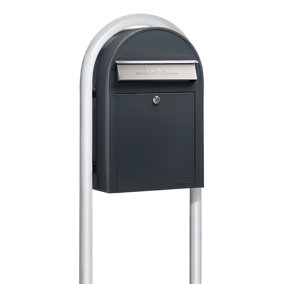 USPS Approved Bobi Classic Front Access Modern Locking Grey Mailbox with Stainless Steel Mail Slot and Round White Post Combo