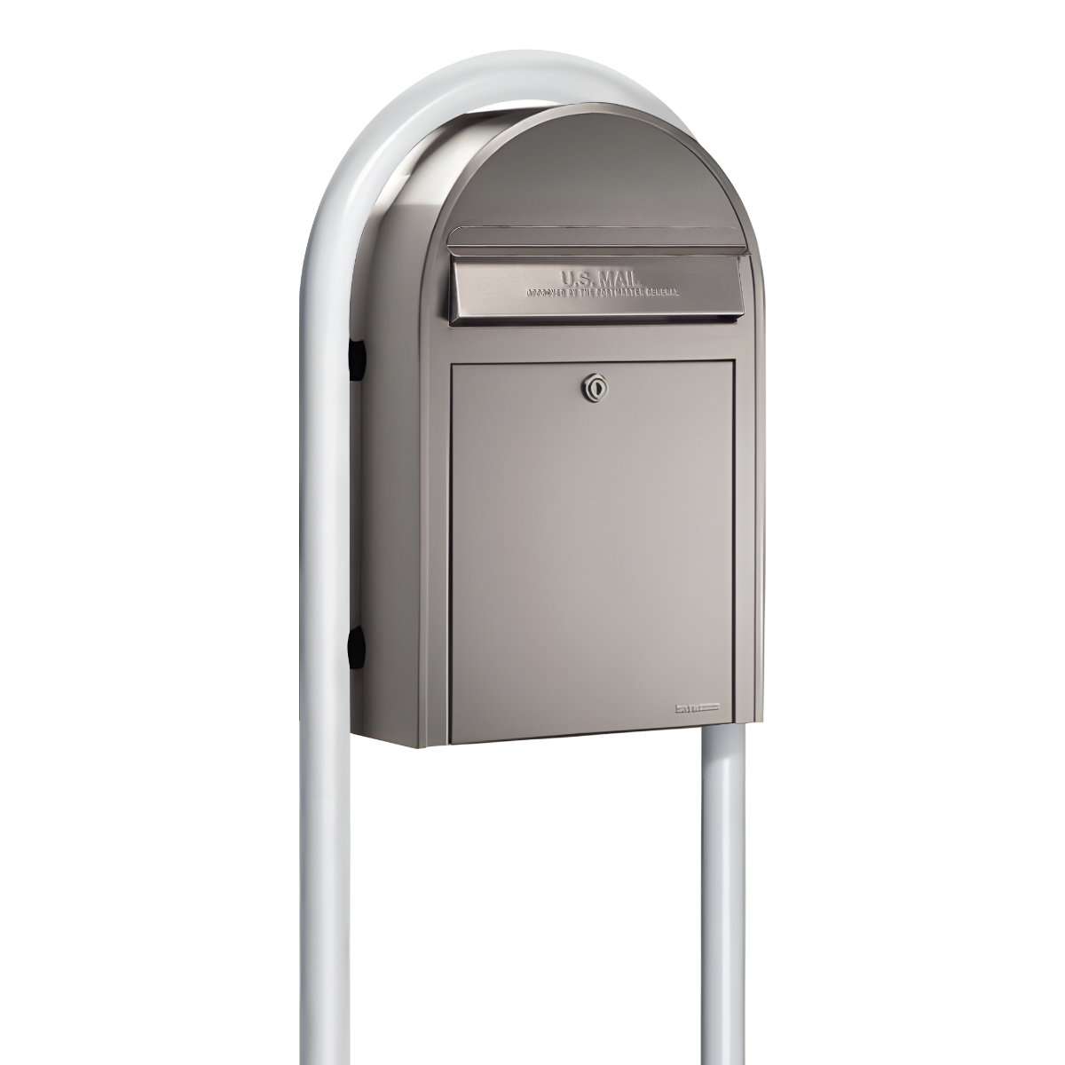 USPS Approved Bobi Classic Front Access Modern Locking Stainless Steel Mailbox and Round White Post Combo
