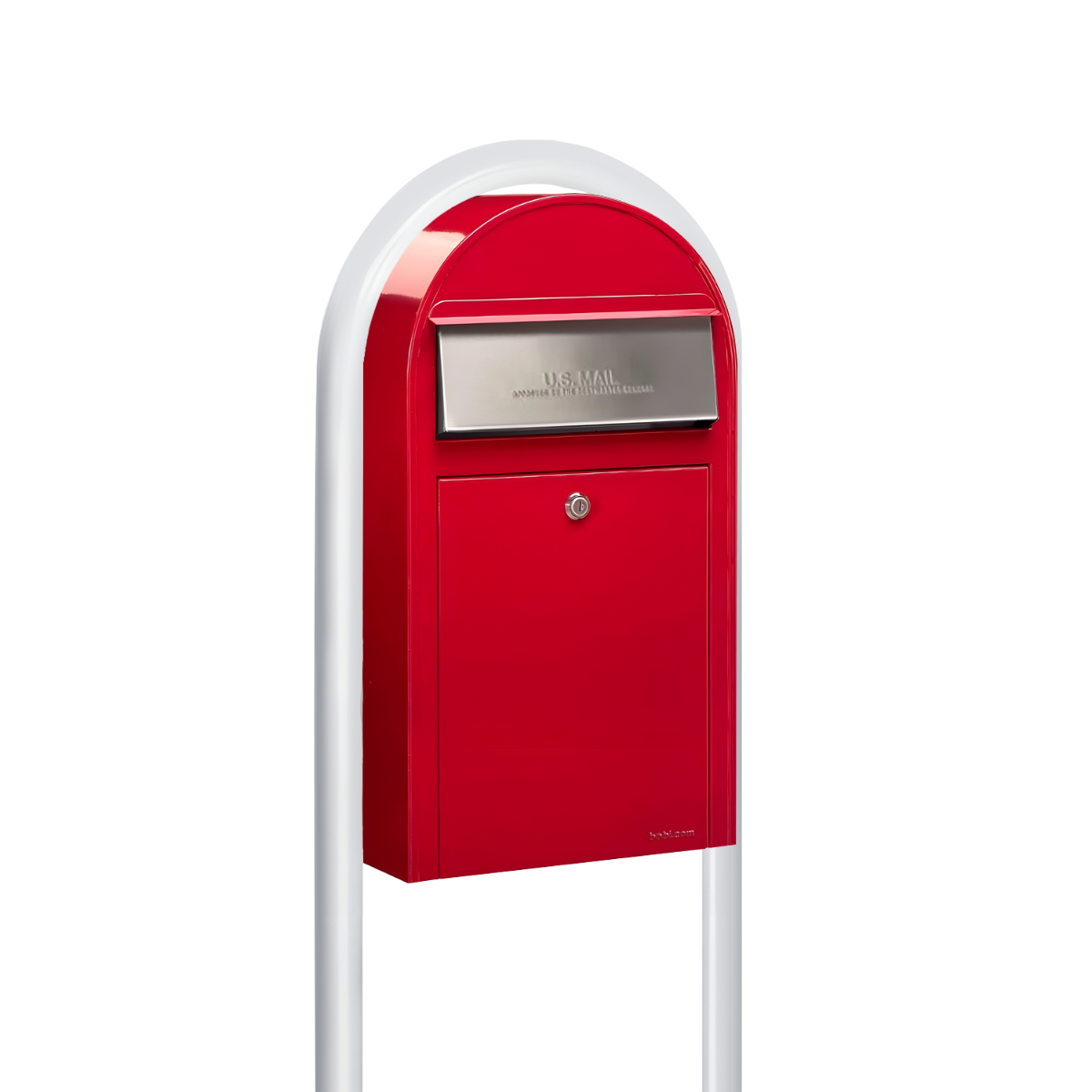 USPS Approved Bobi Grande Slim Front Access Modern Locking Red Mailbox with  Stainless Steel Mail Slot and Round White Post Combo