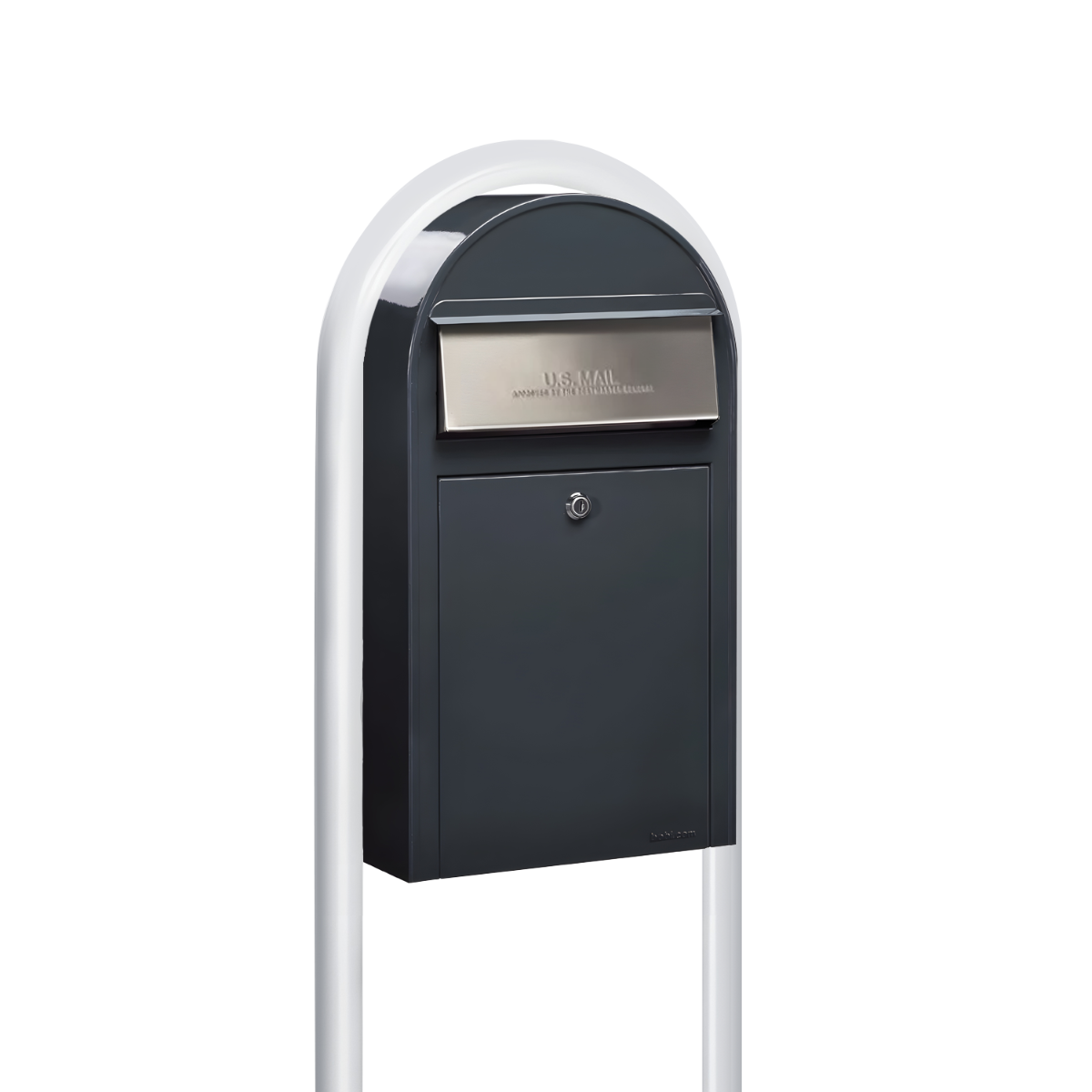USPS Approved Bobi Grande Slim Front Access Modern Locking Grey Mailbox with  Stainless Steel Mail Slot and Round White Post Combo