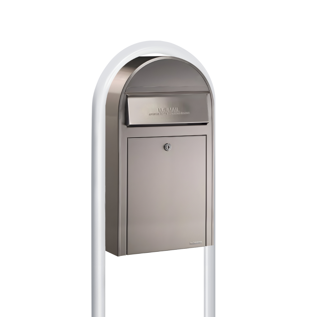 USPS Approved Bobi Grande Slim Front Access Modern Locking Stainless Steel Mailbox with Round White Post Combo