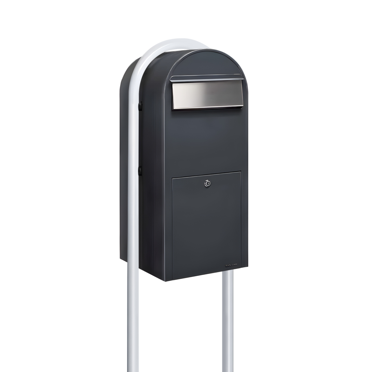 Bobi Jumbo Front Access Package Grey Mailbox with Stainless Steel Mail Slot and Round White Post Combo