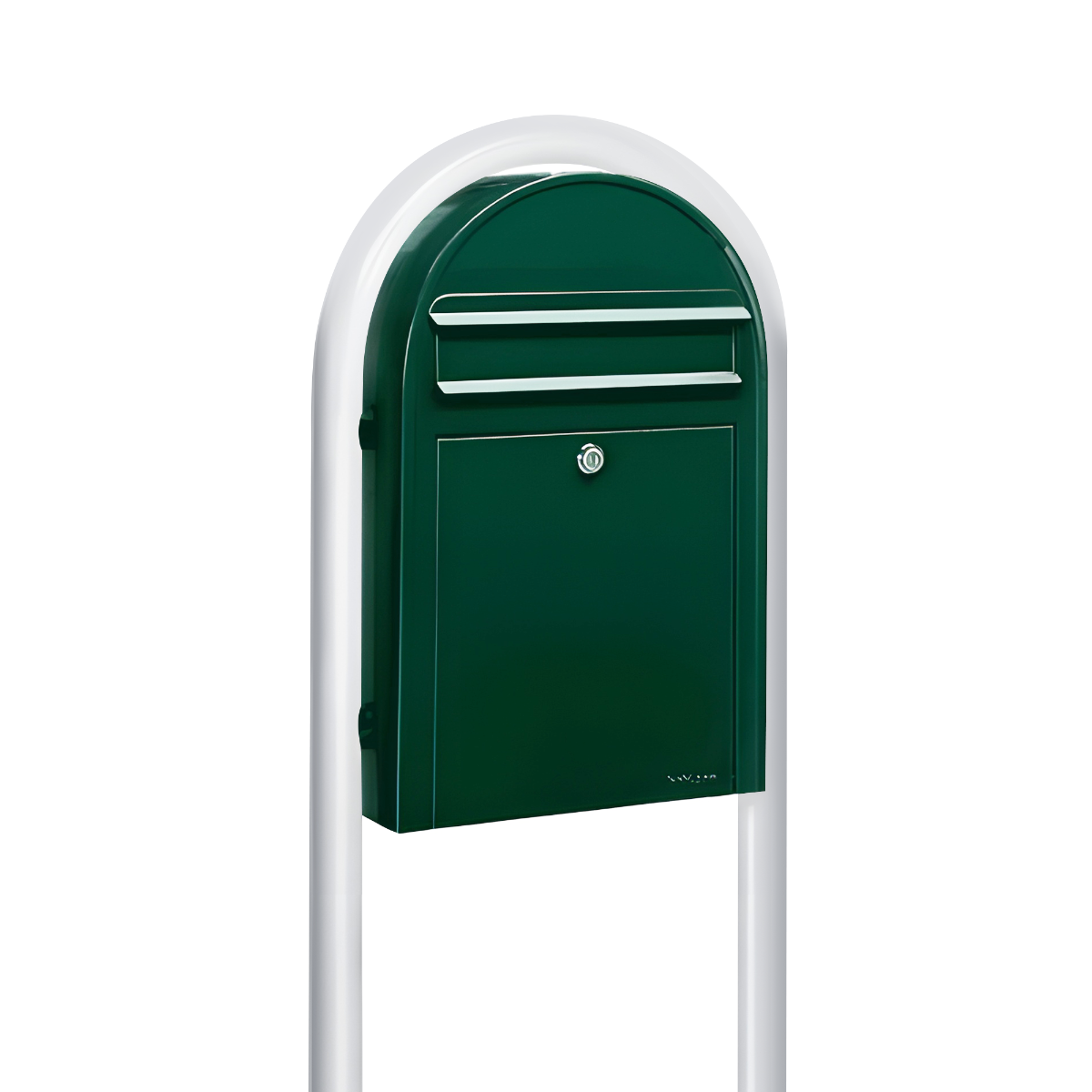 Bobi Classic Slim Front Access Modern Locking Green Mailbox and Round White Post Combo