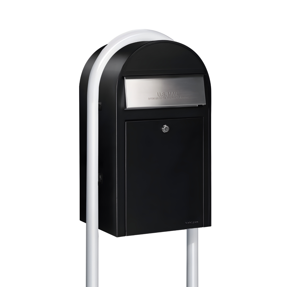 Bobi Grande Front Access Black Mailbox with Stainless Steel Mail Slot and Round White Post Combo
