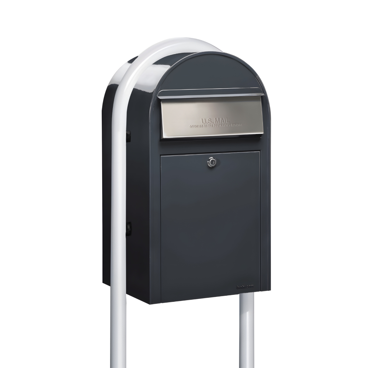 Bobi Grande Front Access Grey Mailbox with Stainless Steel Mail Slot and Round White Post Combo