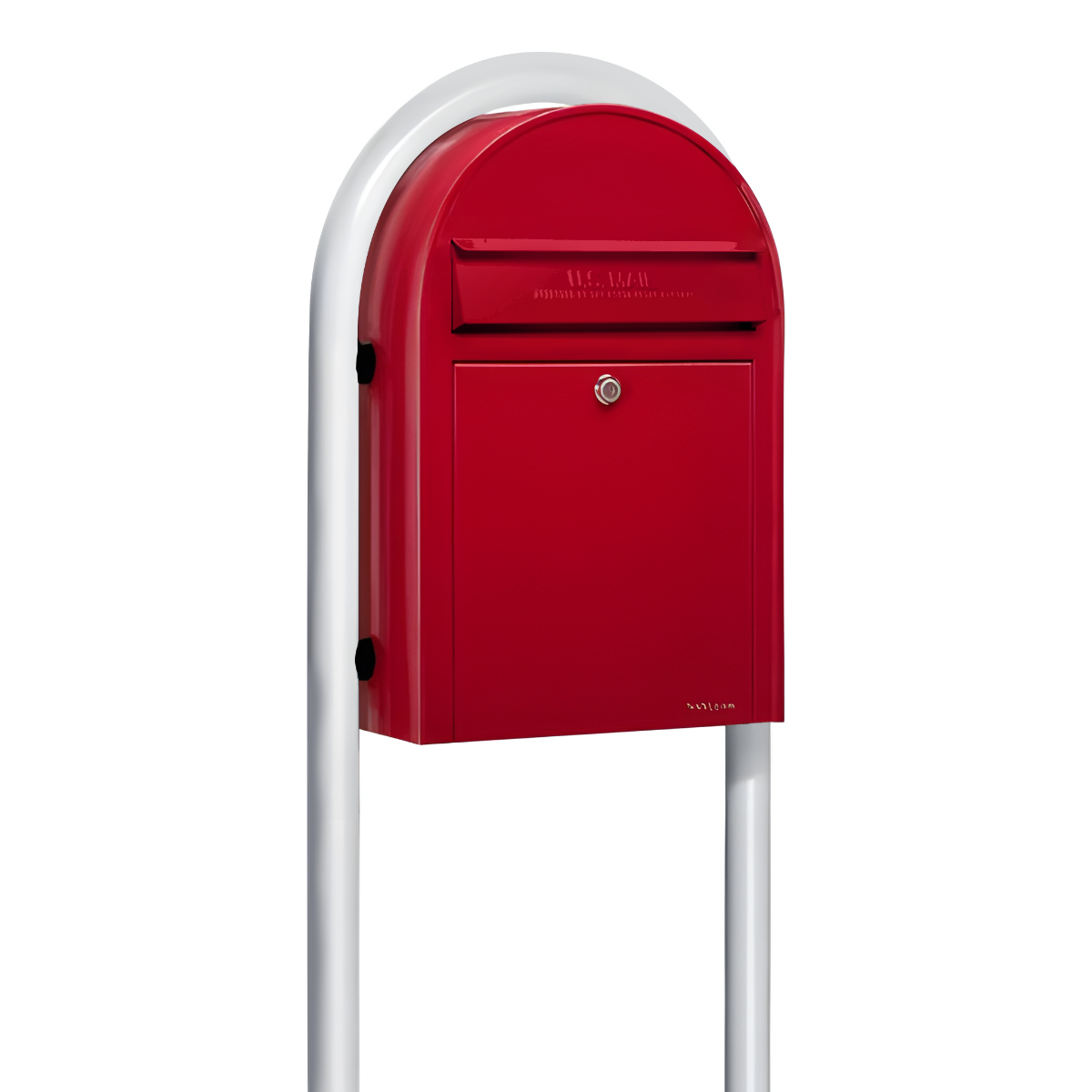 USPS Approved Bobi Classic Front Access Modern Locking Red Mailbox and Round White Post Combo