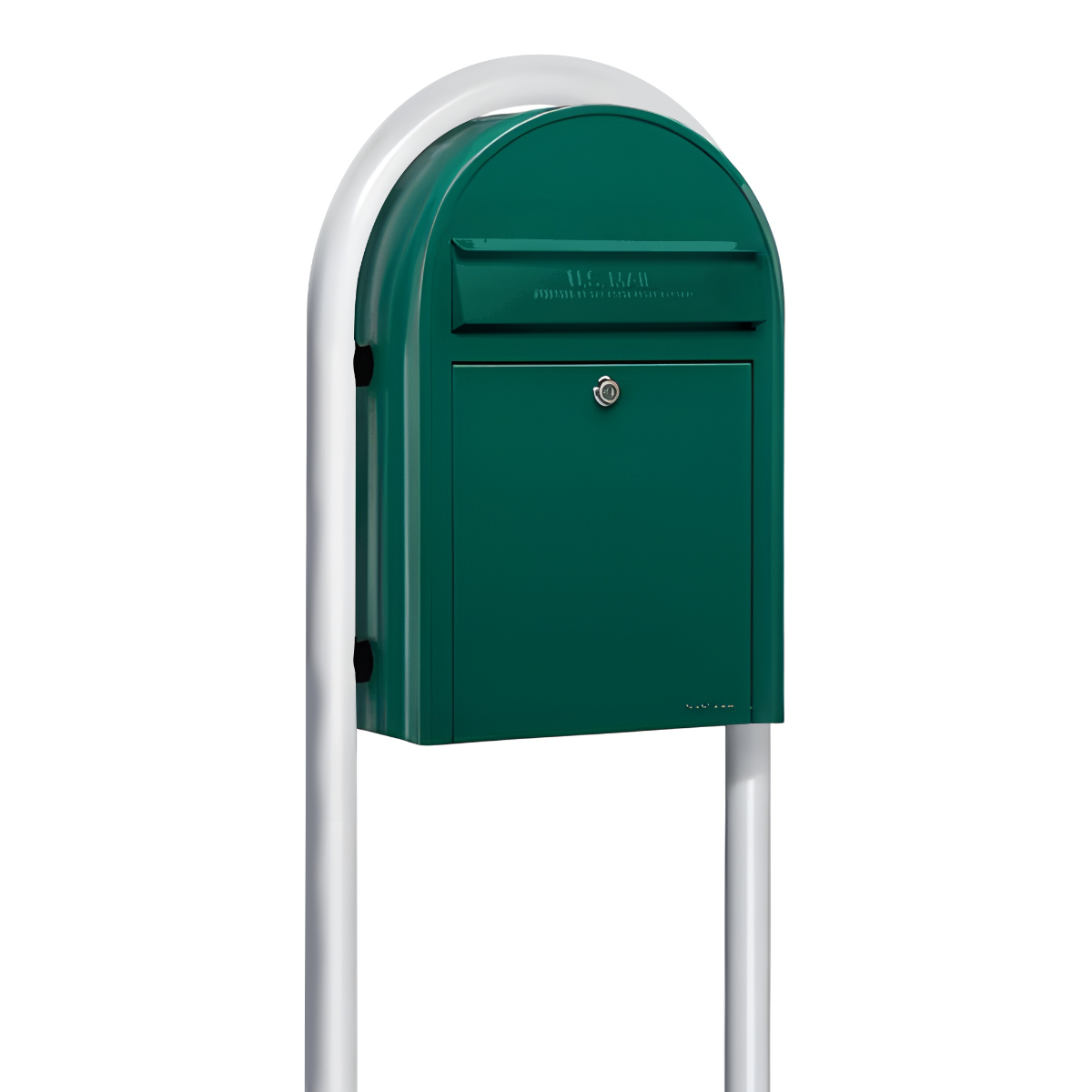 USPS Approved Bobi Classic Front Access Modern Locking Green Mailbox and Round White Post Combo