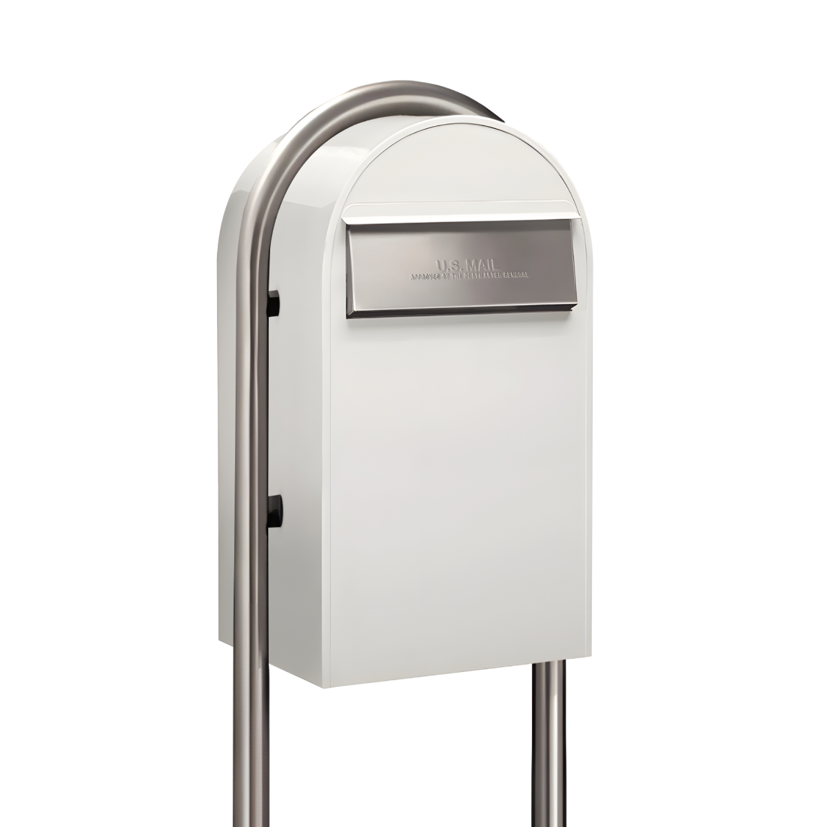 USPS Approved Bobi Grande B Rear Access Modern Locking White Mailbox with Round Zinc Post Combo - Stainless Steel Mail Slot – Secure Small Parcel Delivery