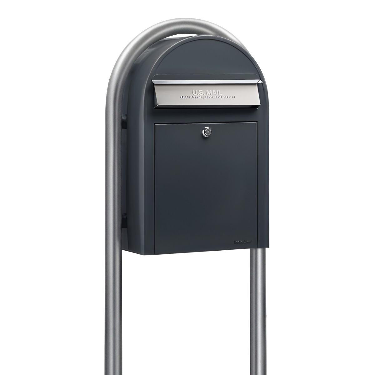 USPS Approved Bobi Classic Front Access Modern Locking Grey Mailbox with Stainless Steel Mail Slot and Round Zinc Post Combo