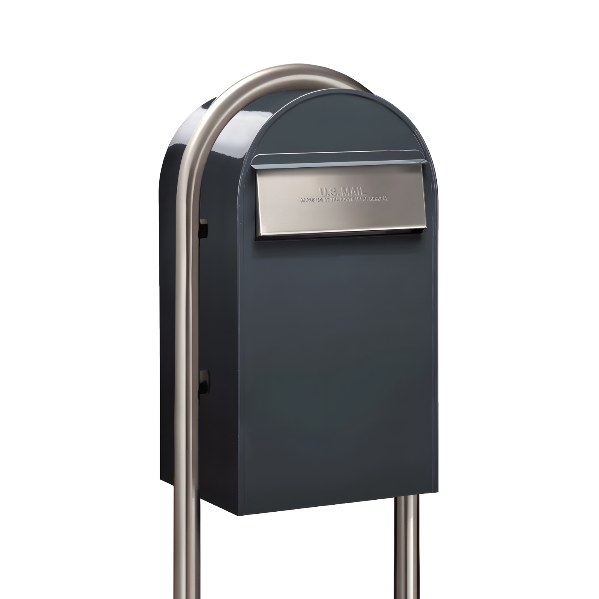 USPS Approved Bobi Grande B Rear Access Modern Locking Grey Mailbox with Round Zinc Post Combo -  Stainless Steel Mail Slot – Secure Small Parcel Delivery