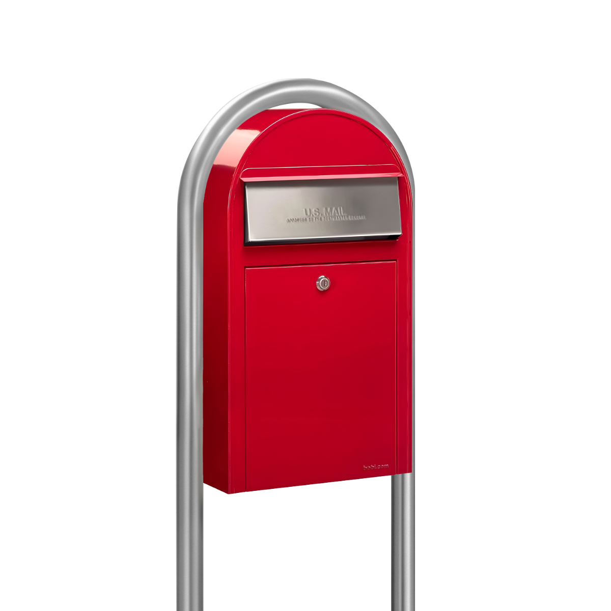 USPS Approved Bobi Grande Slim Front Access Modern Locking Red Mailbox with  Stainless Steel Mail Slot and Round Zinc Post Combo