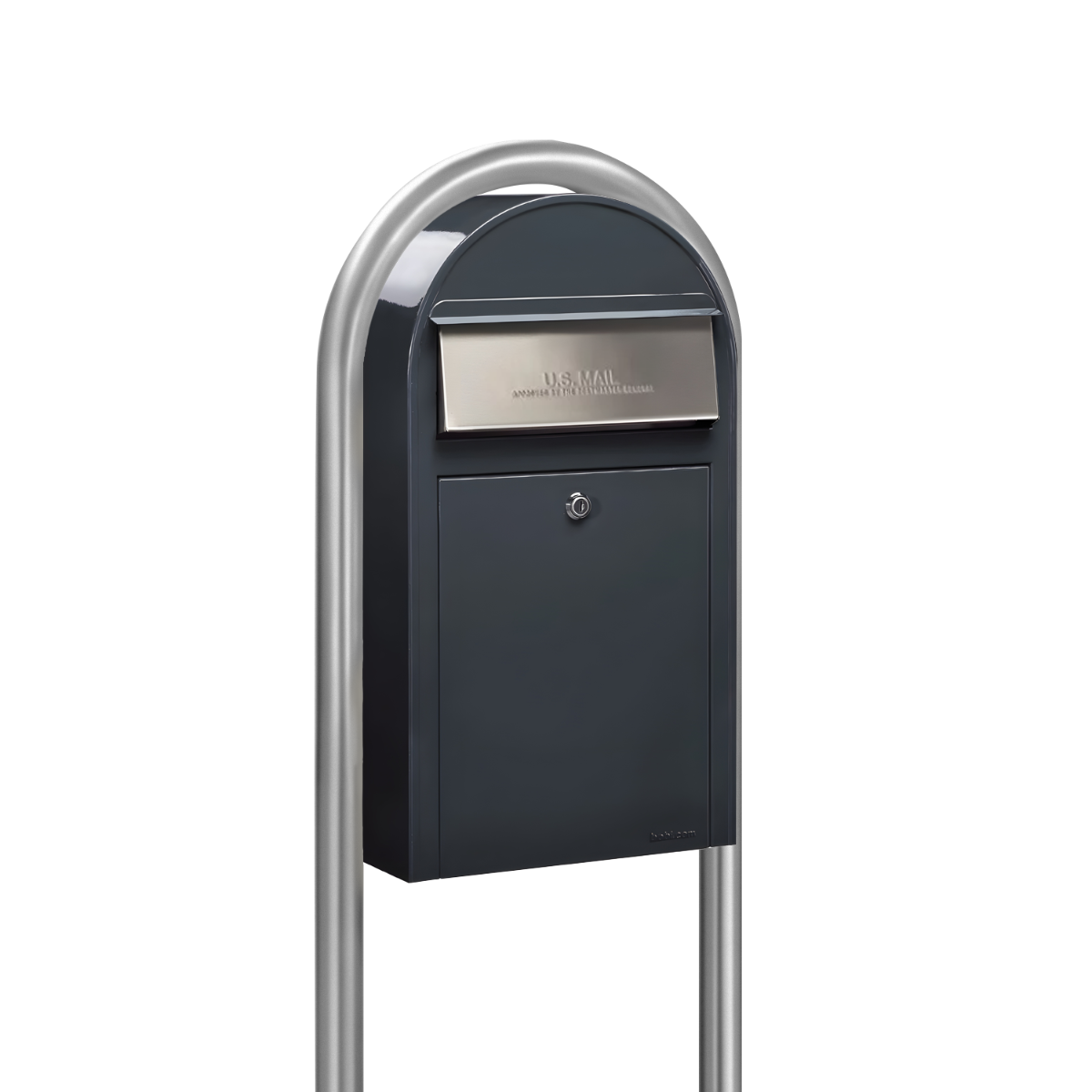 USPS Approved Bobi Grande Slim Front Access Modern Locking Grey Mailbox with Stainless Steel Mail Slot and Round Zinc Post Combo