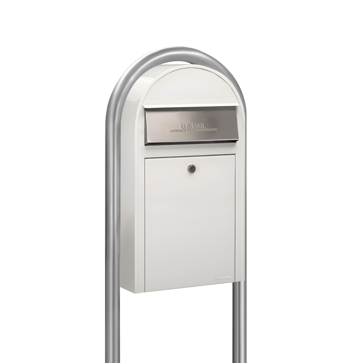 USPS Approved Bobi Grande Slim Front Access Modern Locking White Mailbox with Stainless Steel Mail Slot and Round Zinc Post Combo