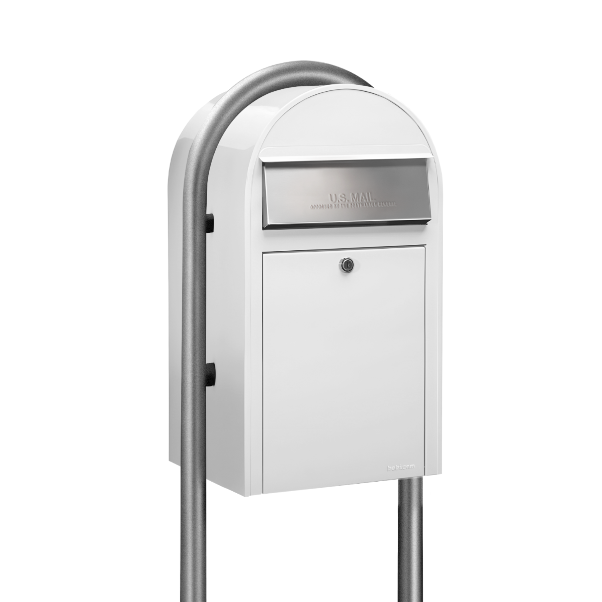 Bobi Grande Front Access White Mailbox with Stainless Steel Mail Slot and Round Zinc Post Combo