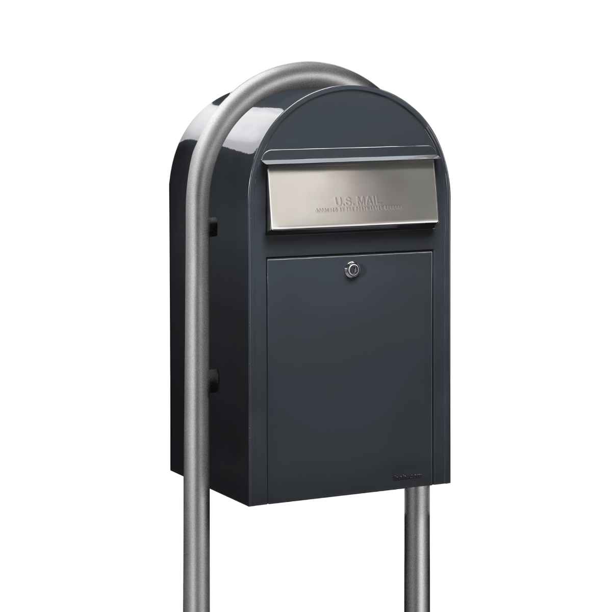 Bobi Grande Front Access Grey Mailbox with Stainless Steel Mail Slot and Round Zinc Post Combo