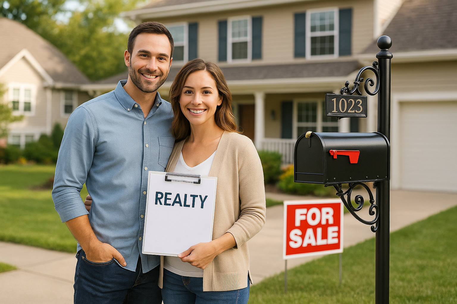 A couple with a residential mailbox in background in an HOA community