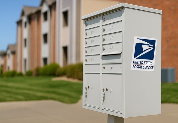A sandstone cluster mailbox in an apartment neighborhood